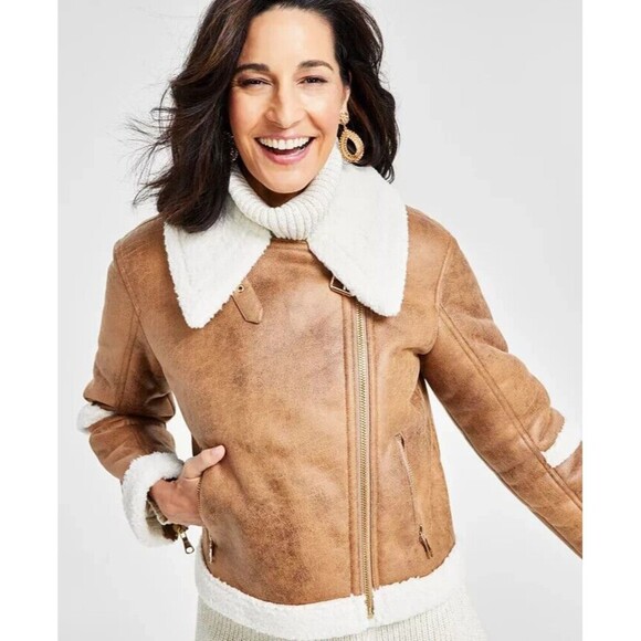 I.N.C. International Concepts Women's Cropped Faux-Leather Aviator Jacket Tan XL - Picture 2 of 10